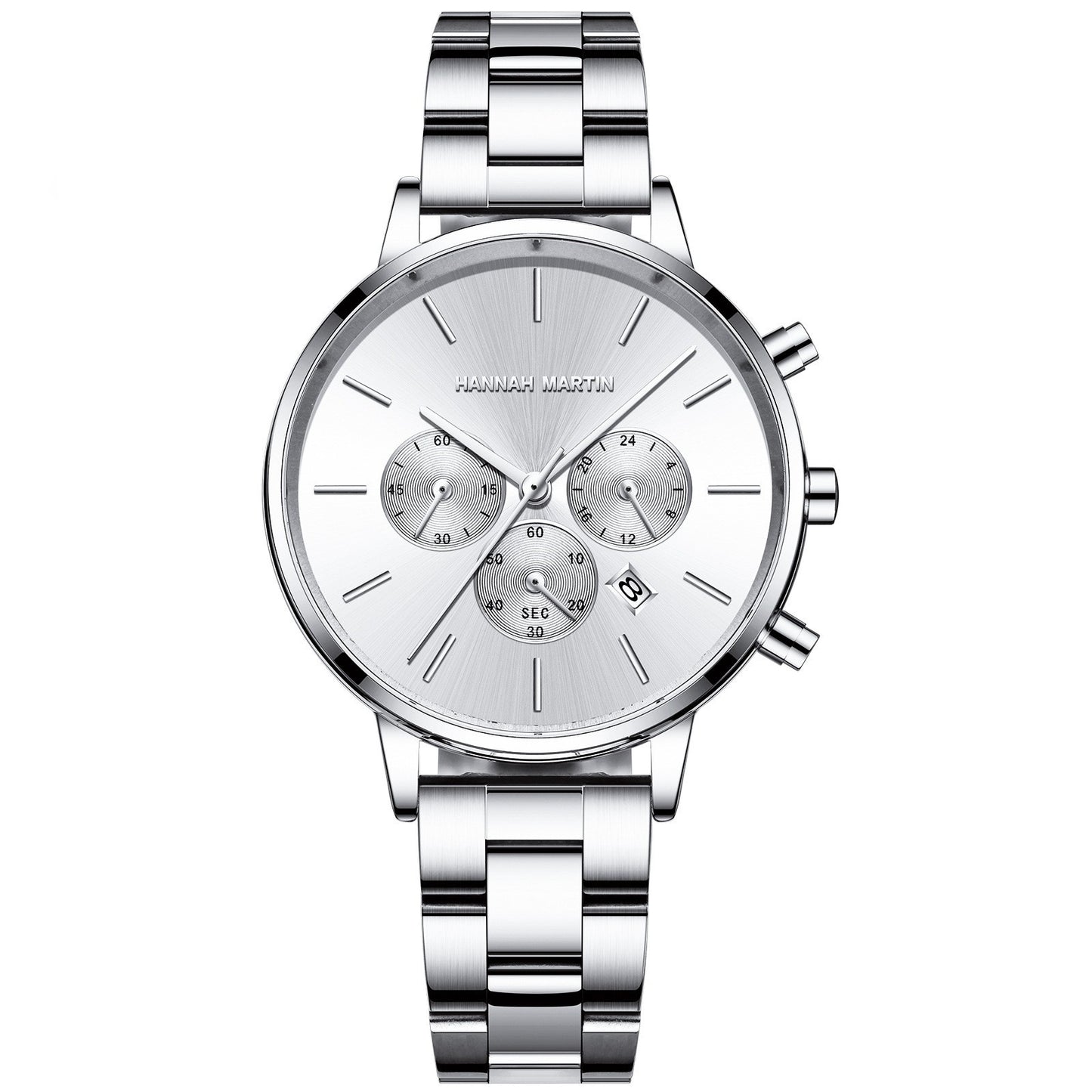 Hannah Martin silver color chronograph with stainless steel bracelet