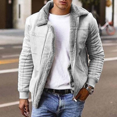 Gray shearling-lined jacket with zipper, British style