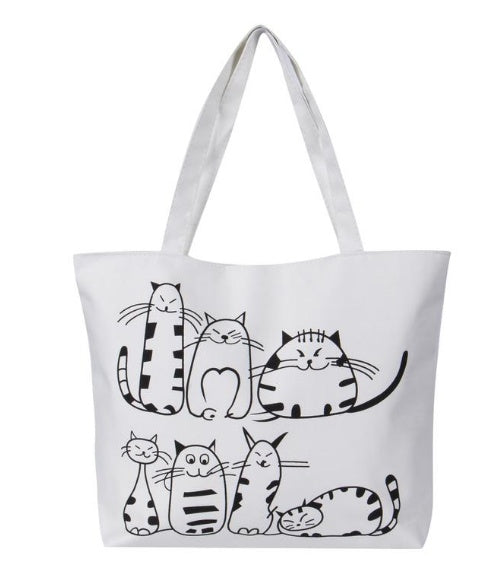 Women's cute white tote bag with illustrated cats