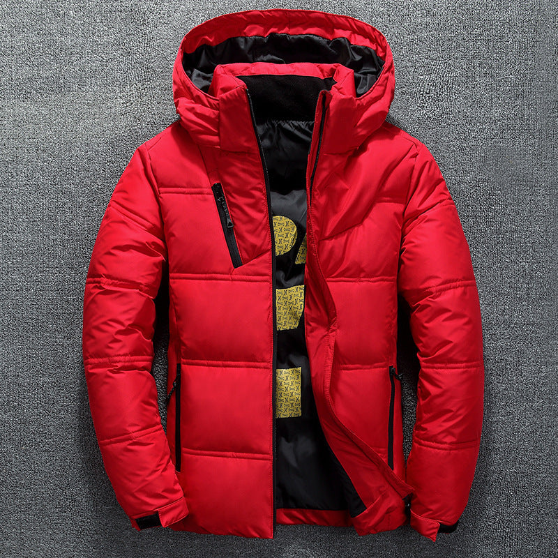 Red hooded puffer jacket, casual winter wear