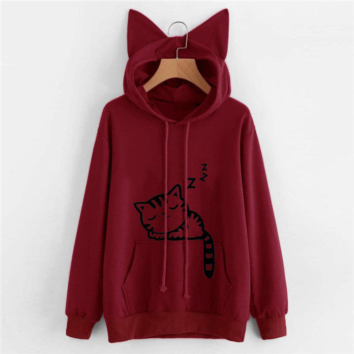 Burgundy cat ear hoodie with velvet lining