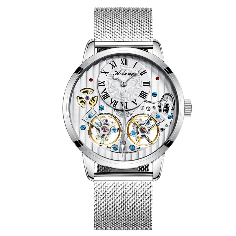 Men's Silver Ailang Skeleton watch with mesh strap – polished and modern automatic watch