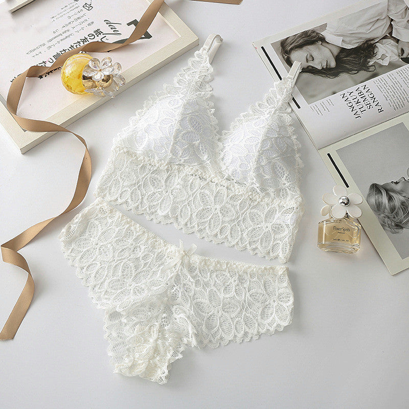 White lace bralette and panty set with light structure and Y-back design