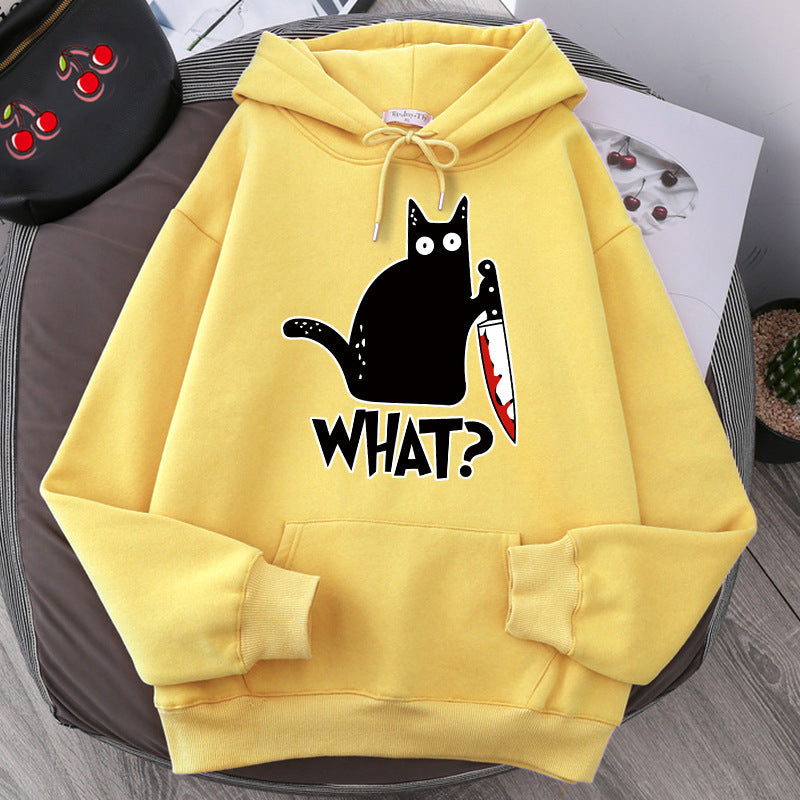 Funny unisex hoodie with cat & knife print, yellow version