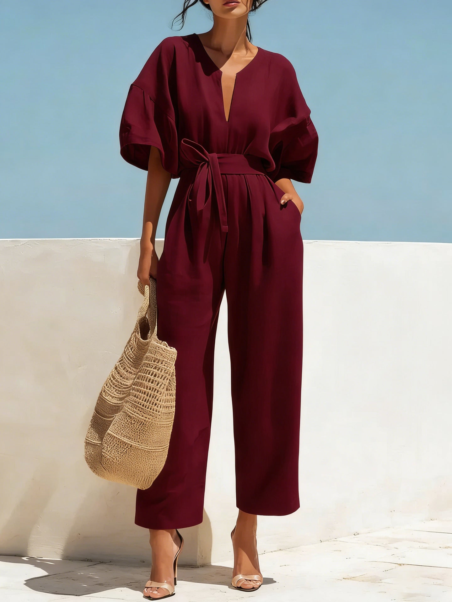 Wine red minimalist wide-leg women’s summer romper