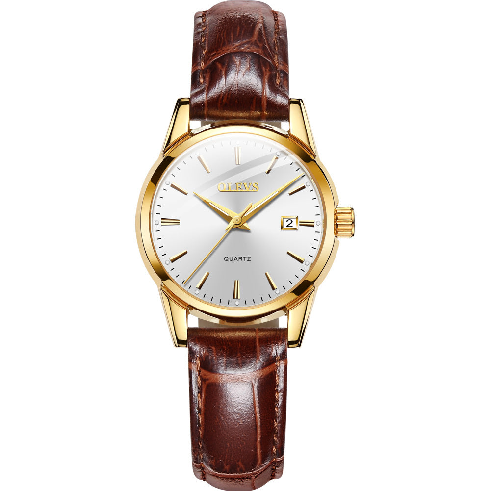 Olevs golden basic women's watch ith brown leather bracelet an white face