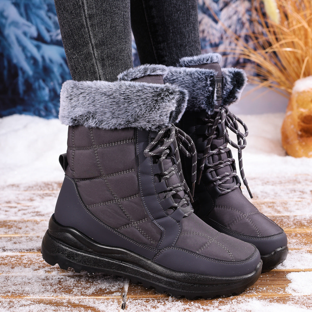 Gray winter boots with fur lining and anti-slip sole