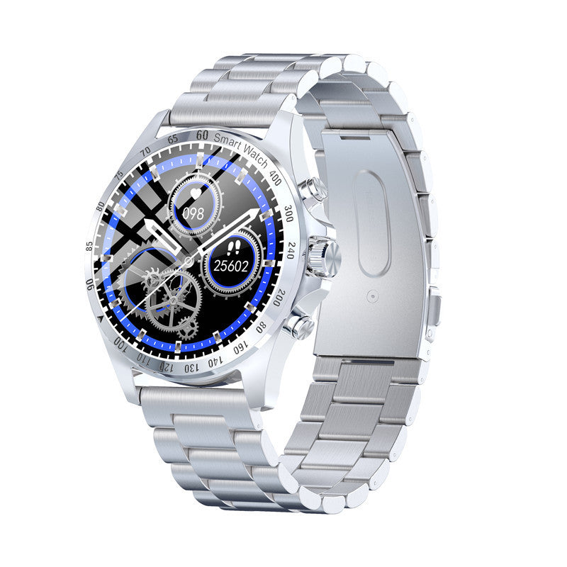 Classic silver stainless steel smartwatch with bold digital face and blue highlights.