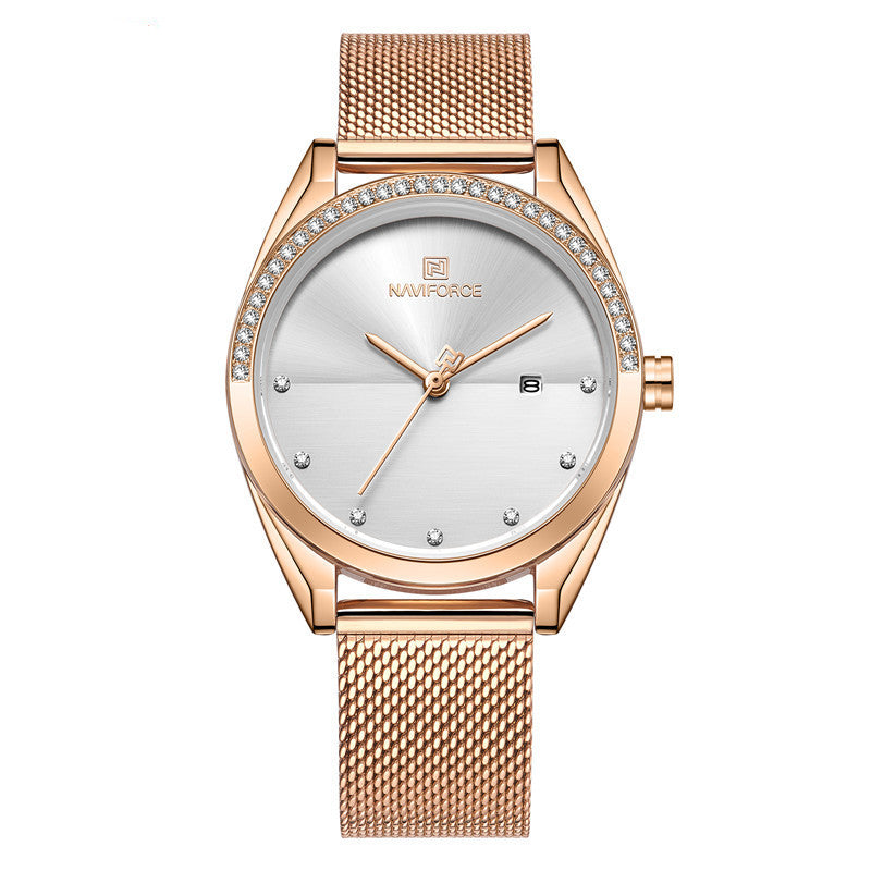 Naviforce compact sized women's rose gold and white wrist watch with subtle zirkonia accents and mesh steel bracelet