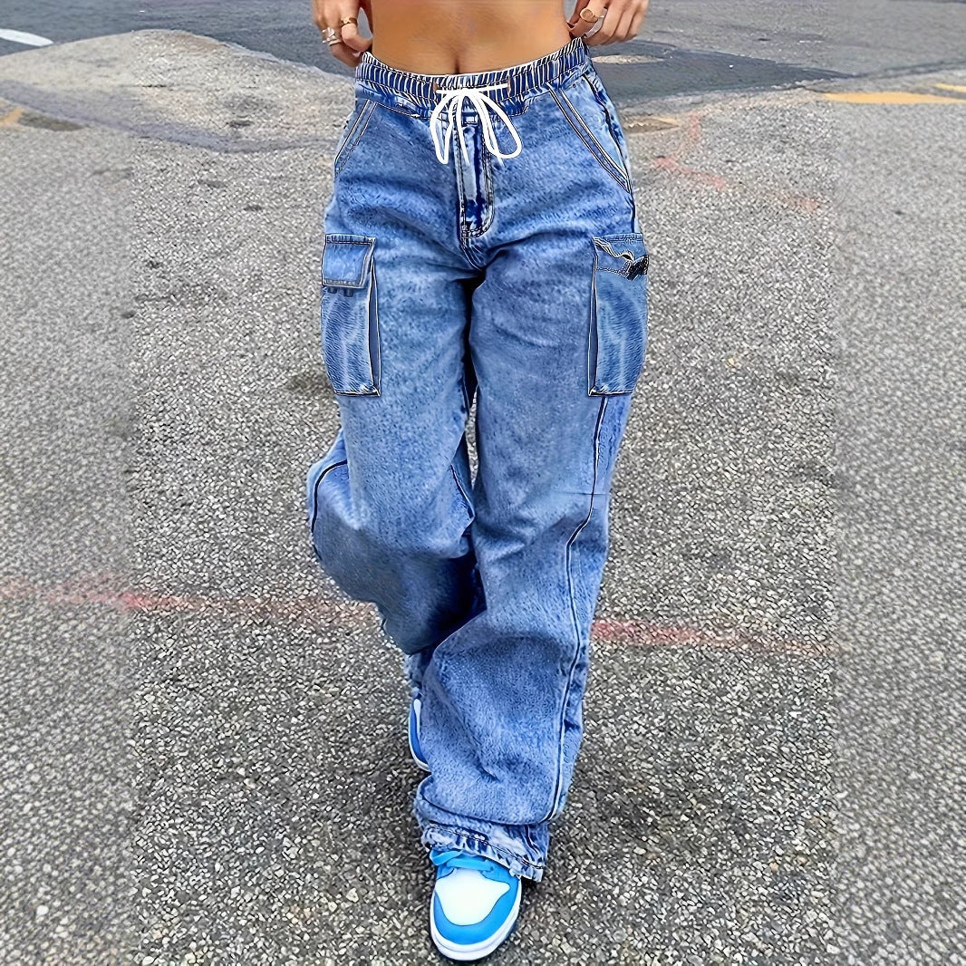 Blue wide-leg cargo jeans with drawstring waist