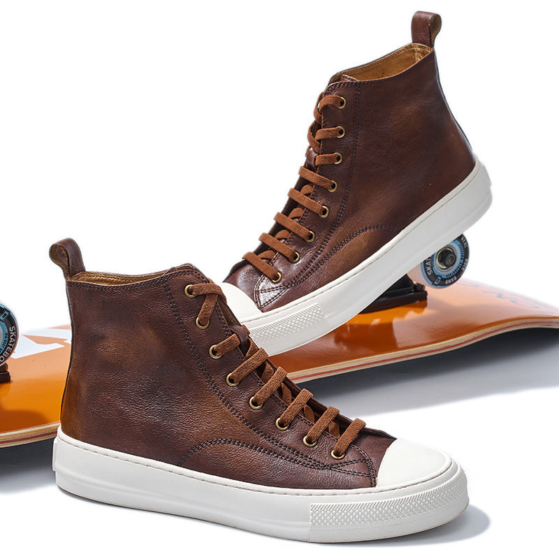men's brown retro genuine leather mid-top sneakers
