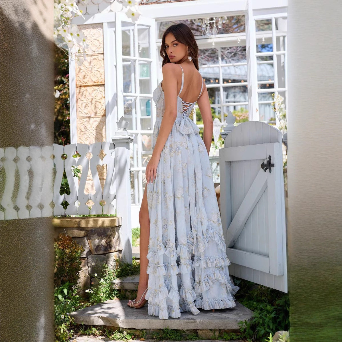 Elegant blue backless maxi dress for summer events