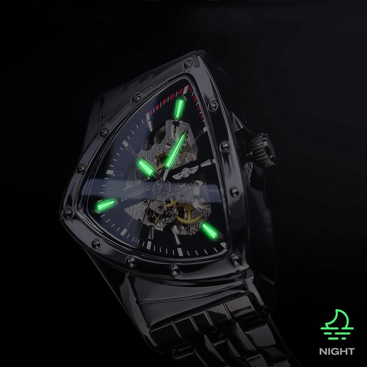 Men's black triangular automatic watch with skeleton construction and luminous hands