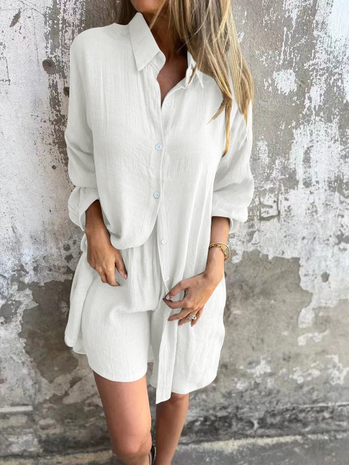 White relaxed oversized button-up shirt and comfy shorts