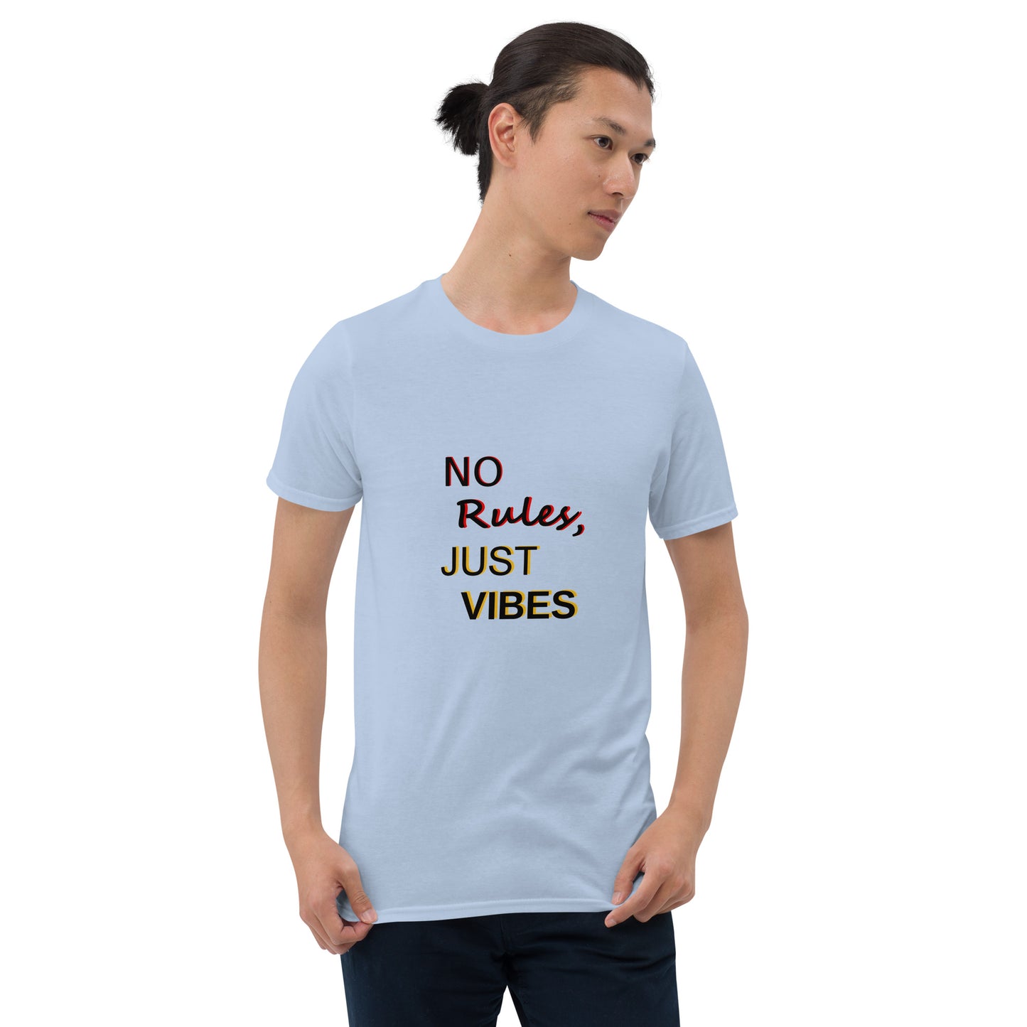 No Rules, Just Vibes t-shirt in light blue, styled for casual and relaxed look