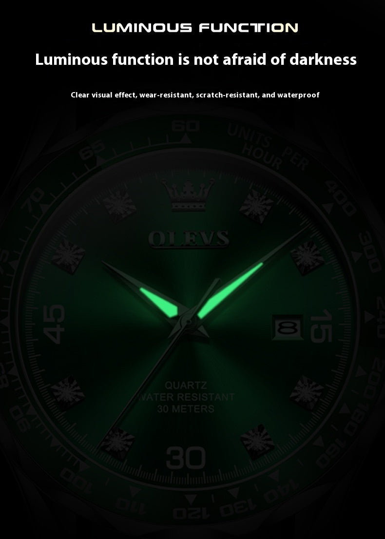 Luminous dial close-up – glow-in-the-dark feature in dark setting OLEVS 9988