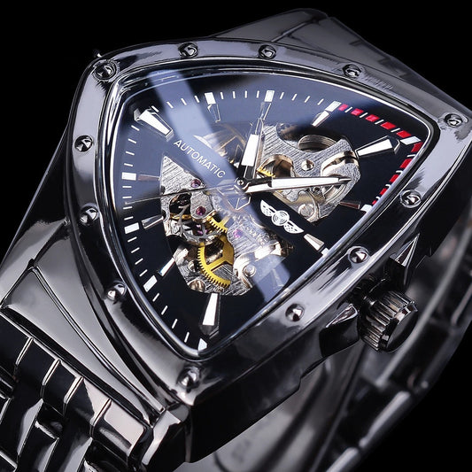 Men's black triangular automatic watch with skeleton construction