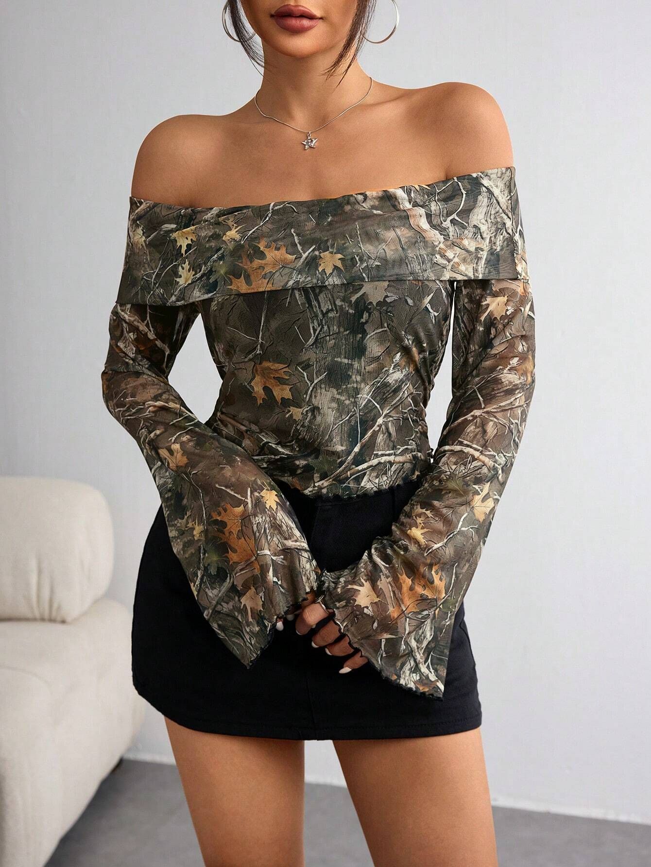 Olive camouflage mesh off-shoulder blouse – long sleeve detail