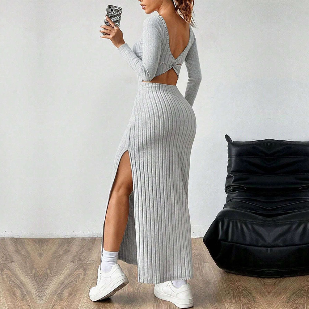 Elegant gray open back dress with long sleeves – back pose