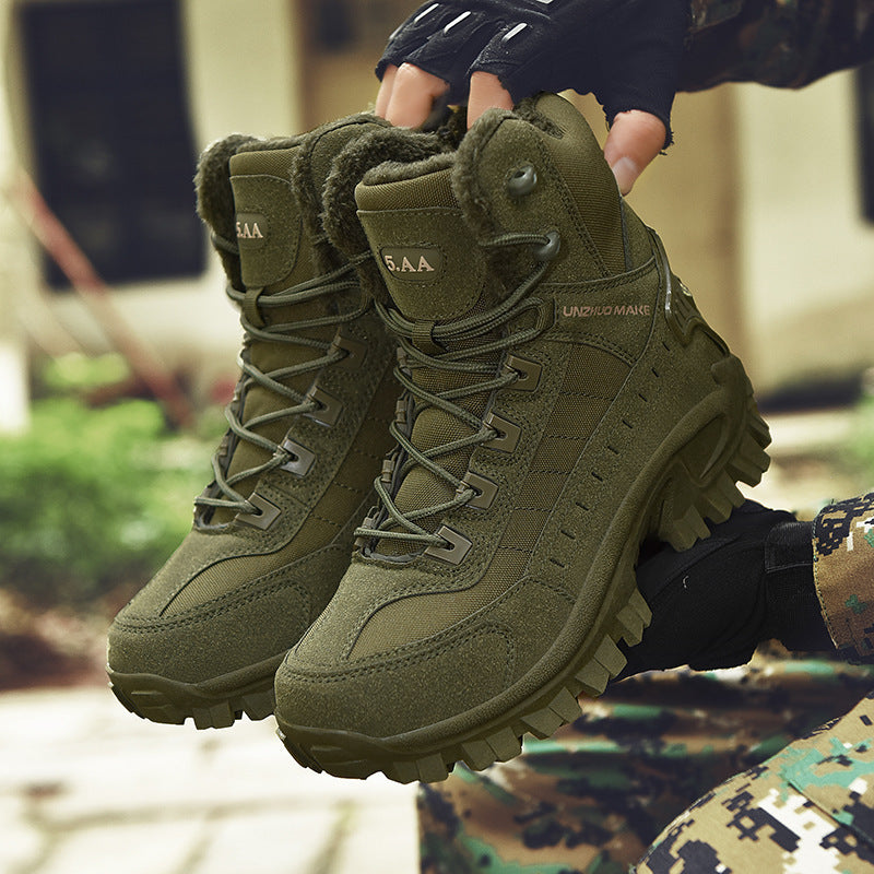 Army green tactical combat boots with fleece lining and rugged sole in models hands