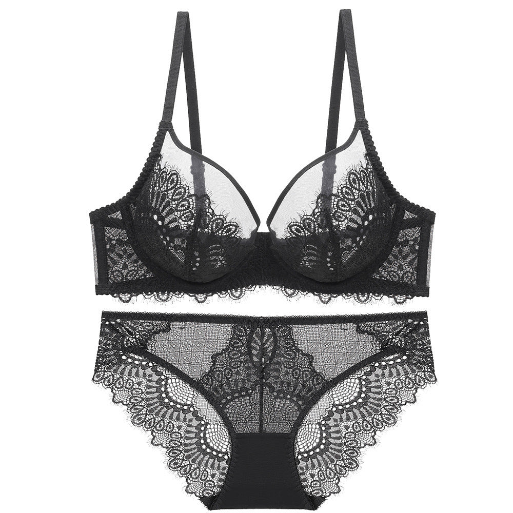 Black lace bralette and panty with scalloped edges

