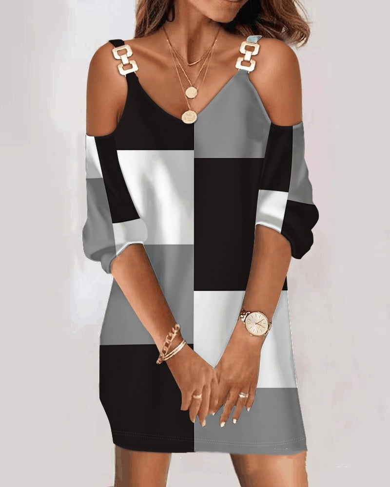 Black, white and gray color block lace V-neck off-shoulder dress with chain straps