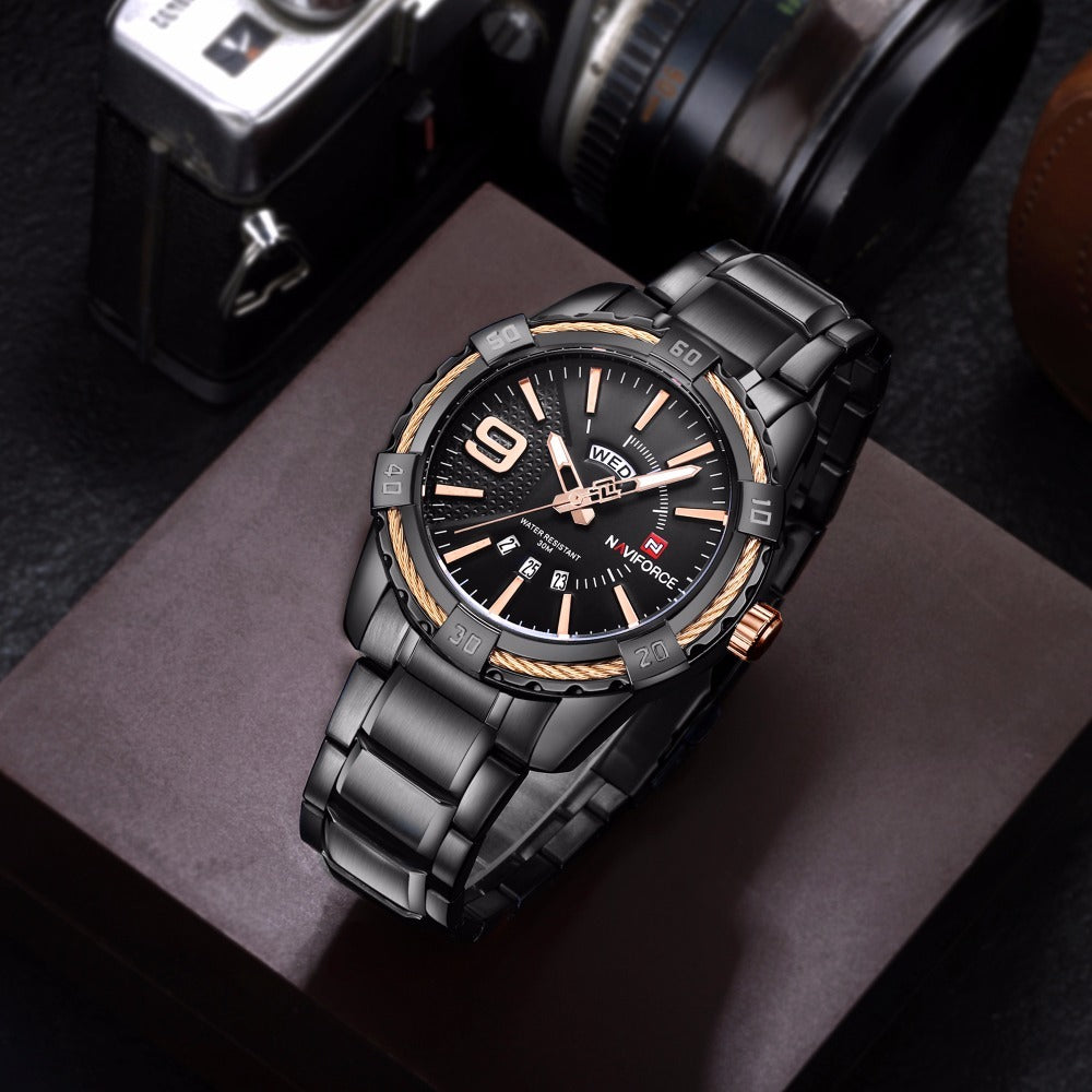 Black/gold NAVIFORCE men's watch showcasing bold design and durable materials.