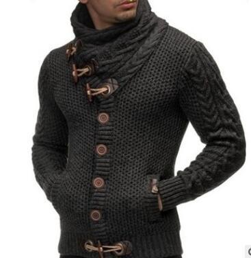 Man wearing black knitted toggle cardigan – Men’s warm acrylic-blend cardigan with high collar and wooden toggles.
