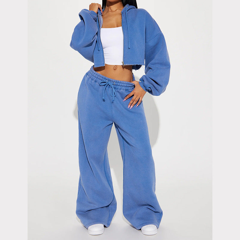 Zip-Up Hoodie & Wide-Leg Sweatpants Set