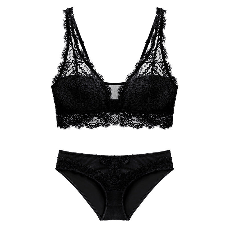 Classic black lace bralette and matching underwear, front view