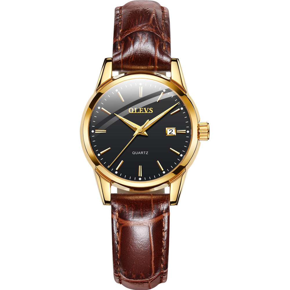 Olevs women's stylish wristwatch with brown leather bracelet and black face