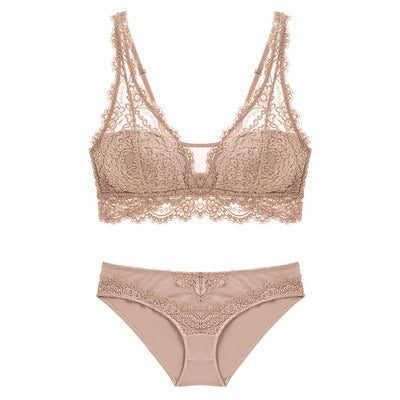 Beige lace bralette and panty set with scalloped edge details

