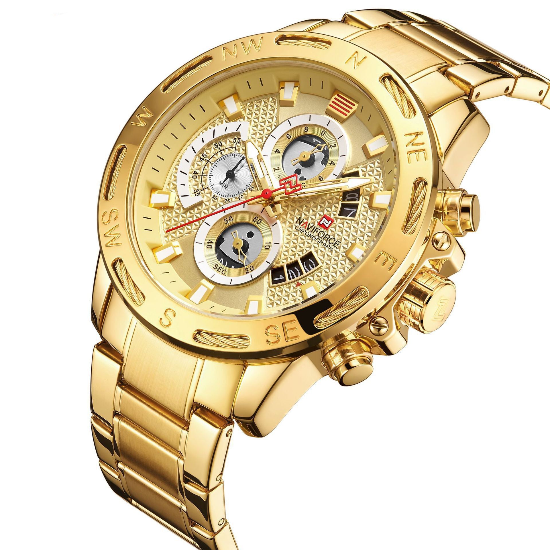 Full gold NAVIFORCE NF9165 watch – side view with gleaming finish