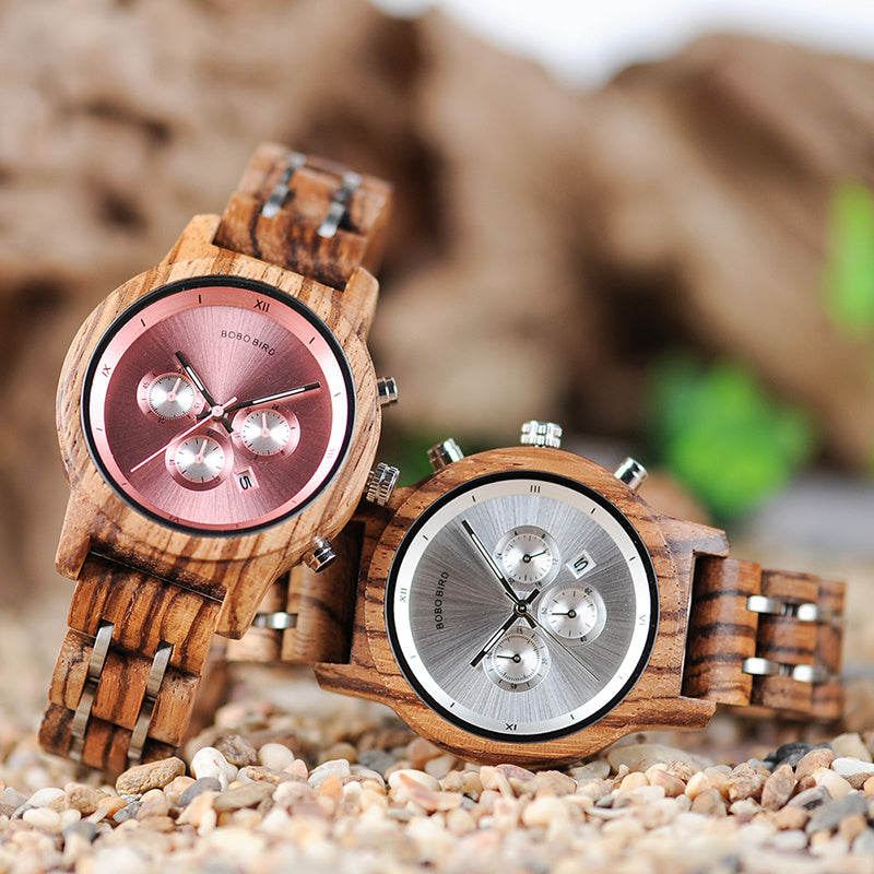 BOBO BIRD P18 wristwatch is handcrafted from zebrawood, is lightweight yet stylish and offers an ecological alternative to traditional watches - pink or silver face