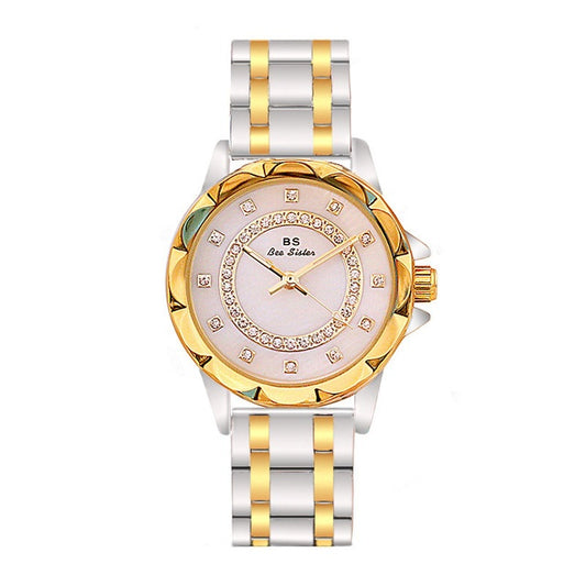 Elegant two-tone women's watch with sparkling details and pink table