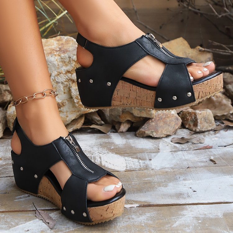 Women’s black rivet wedge zipper sandals 