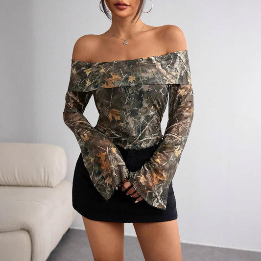 Olive mesh off-shoulder Bardot top with long flared sleeves – front view