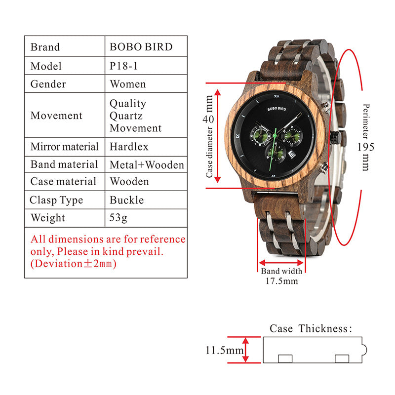 women's wooden wristwatch with black face - specs