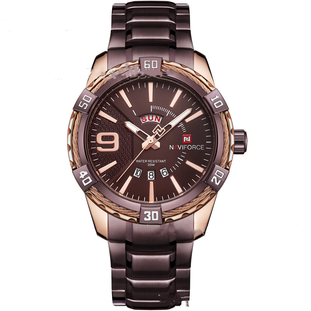 Coffee/gold NAVIFORCE men's watch showcasing bold design and durable materials.