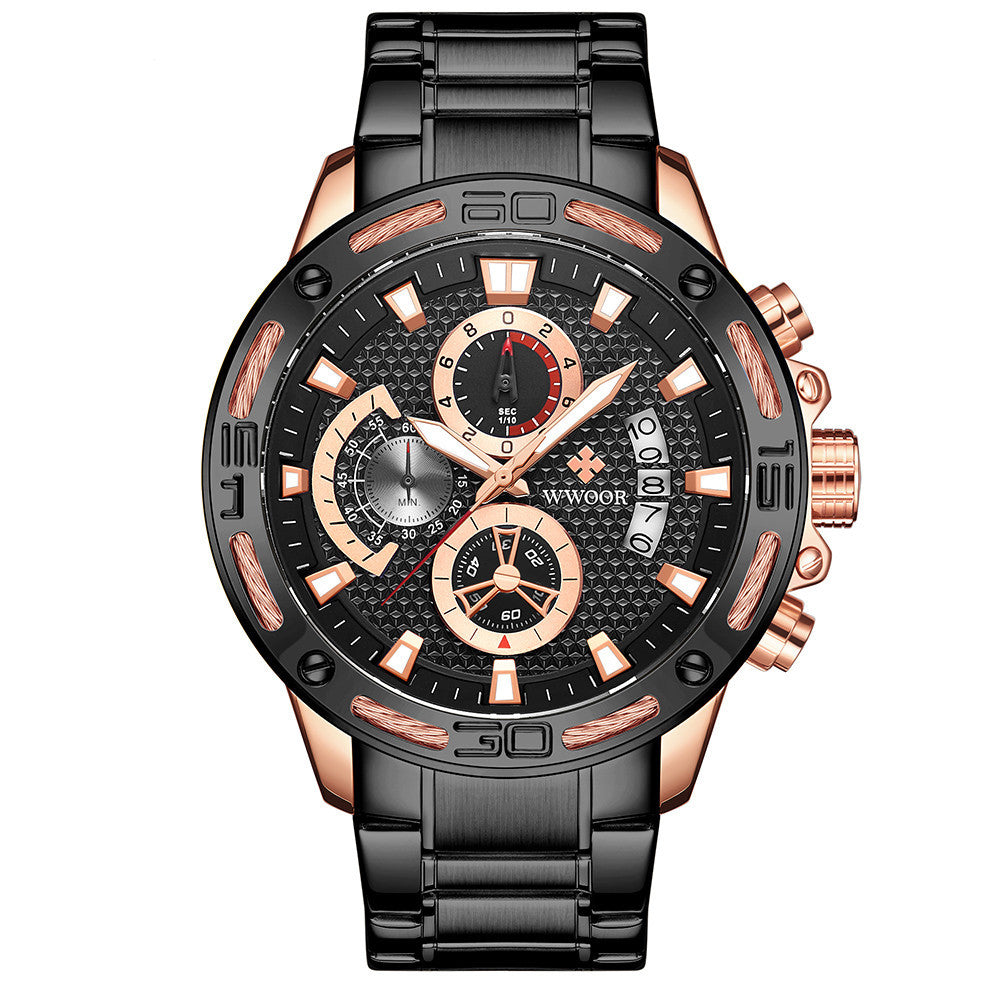 Men's black multifunctional chronograph with rose gold details