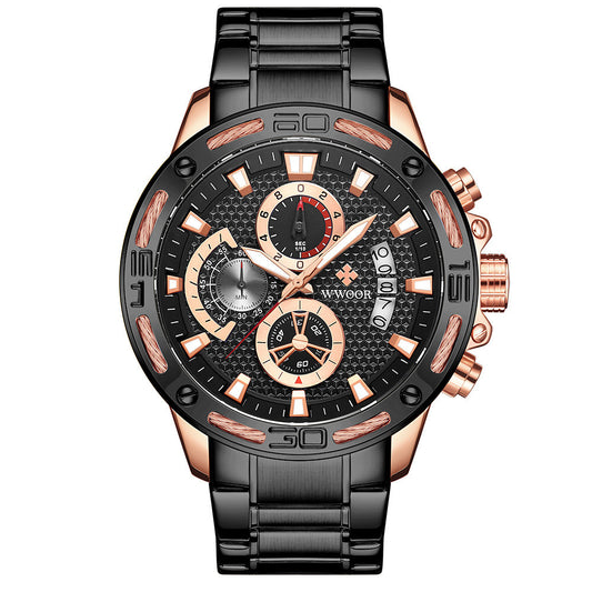 Men's black multifunctional chronograph with rose gold details