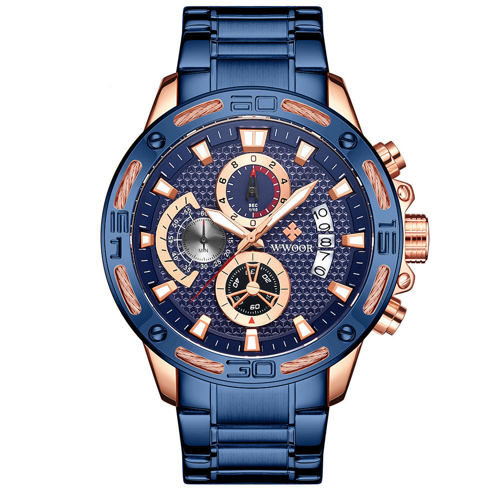 Men's blue multifunctional chronograph with rose gold details