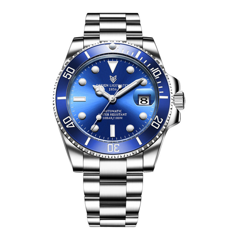 men's steely waterproof automatic watch with blue table
