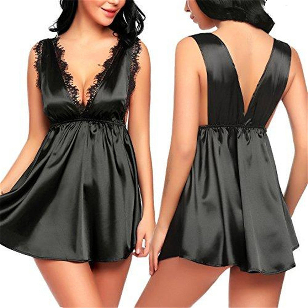 Black satin nightdress with lace trim, front and back view