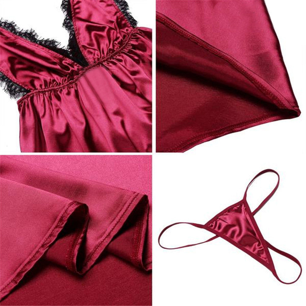 Close-up of wine red satin fabric and matching thong detail