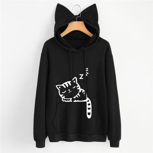 Black Dreaming Cat hoodie with cat ears and sleepy cat print