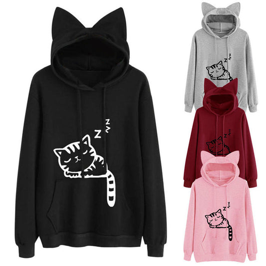 Dreaming Cat hoodie with cat ears and sleepy cat print, multiple colors