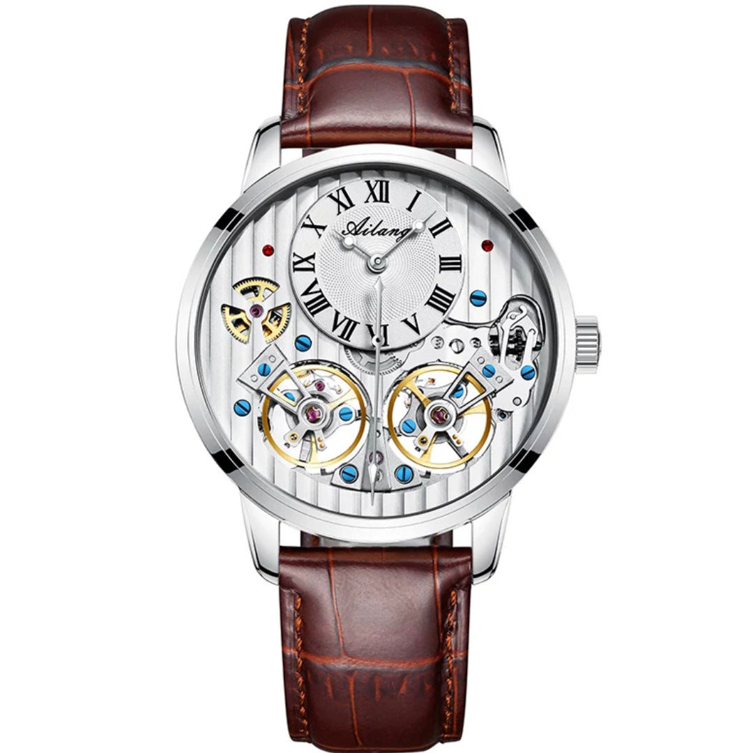 Silver Ailang Skeleton with brown leather strap – classic mechanical elegance