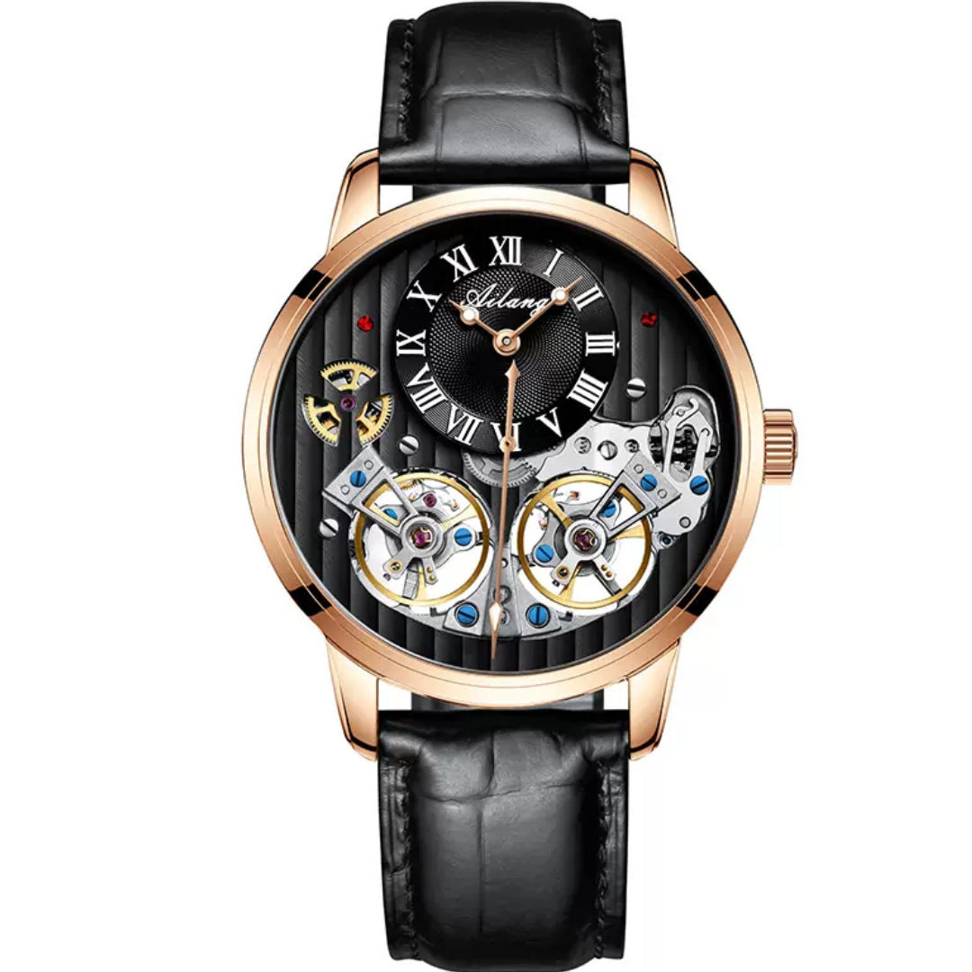 Black and gold Ailang Skeleton watch – front view with intricate openwork dial