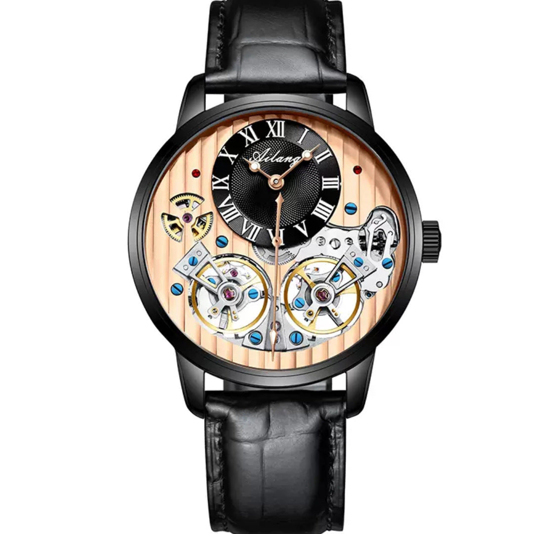 Rose gold men's Ailang Skeleton watch with black strap – elegant skeleton design

